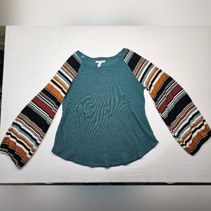 Lovely J Teal‎ Waffle Knit Top Striped Bell Sleeve Casual Comfy